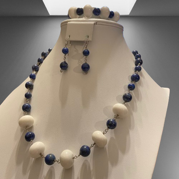 Artisan Jewelry - Lapis Lazuli & White Glass Beads Sterling Jewelry Set